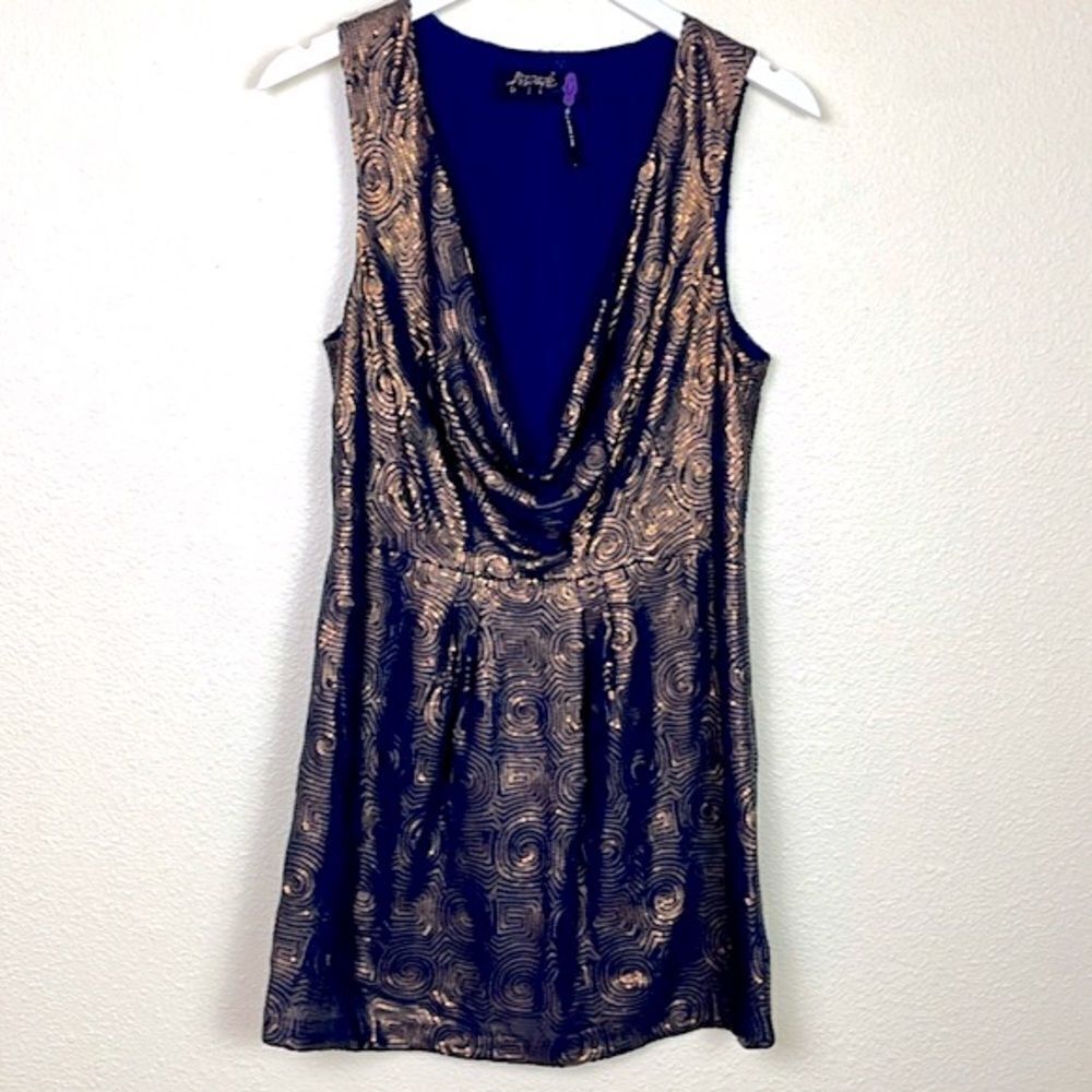 Free People cowl drape neck copper navy sequined dress size 6